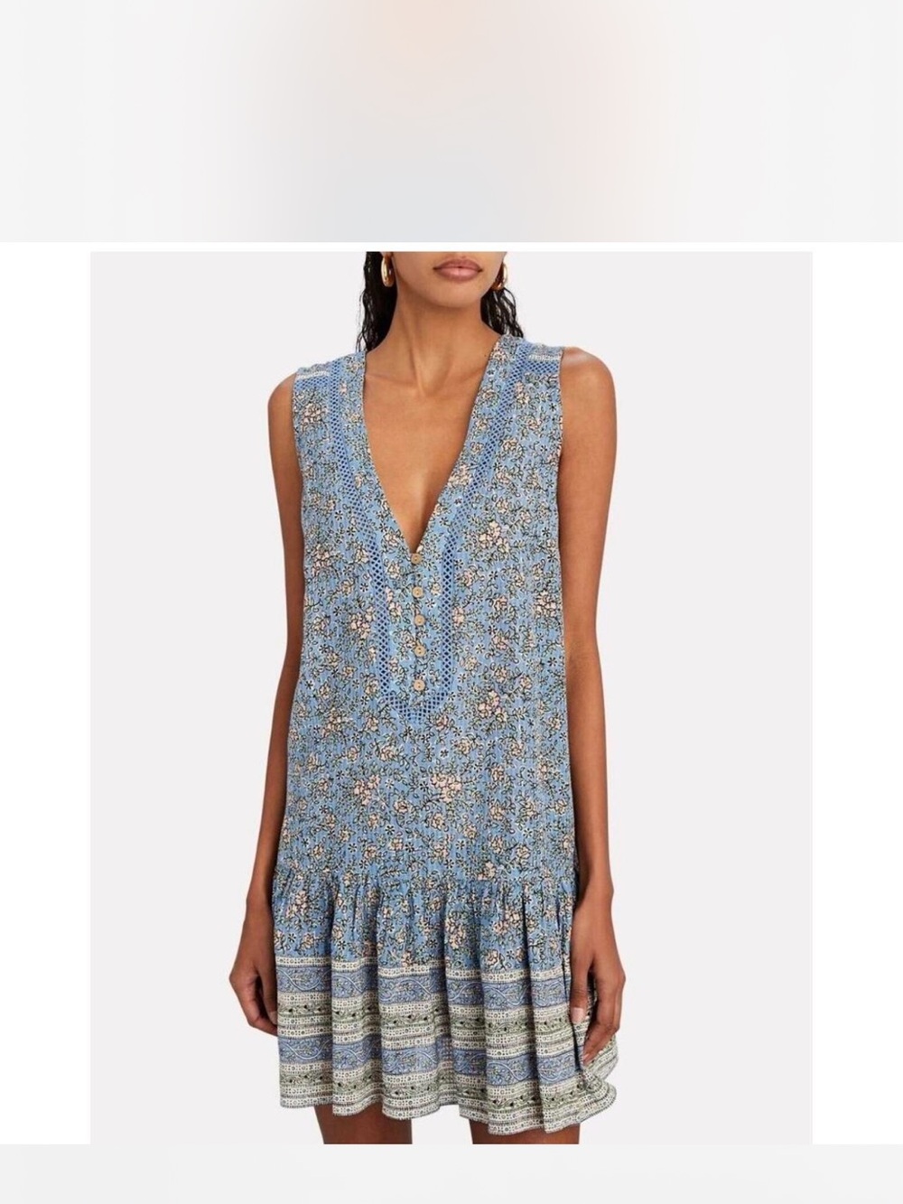 Sleeveless Blue Floral V-Neck Ruffle Hem Dress S